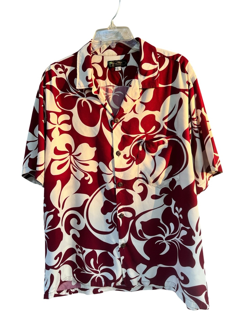 Men’s Island Wear Vintage Floral Camp Shirt - Deep Red & White. Size Large